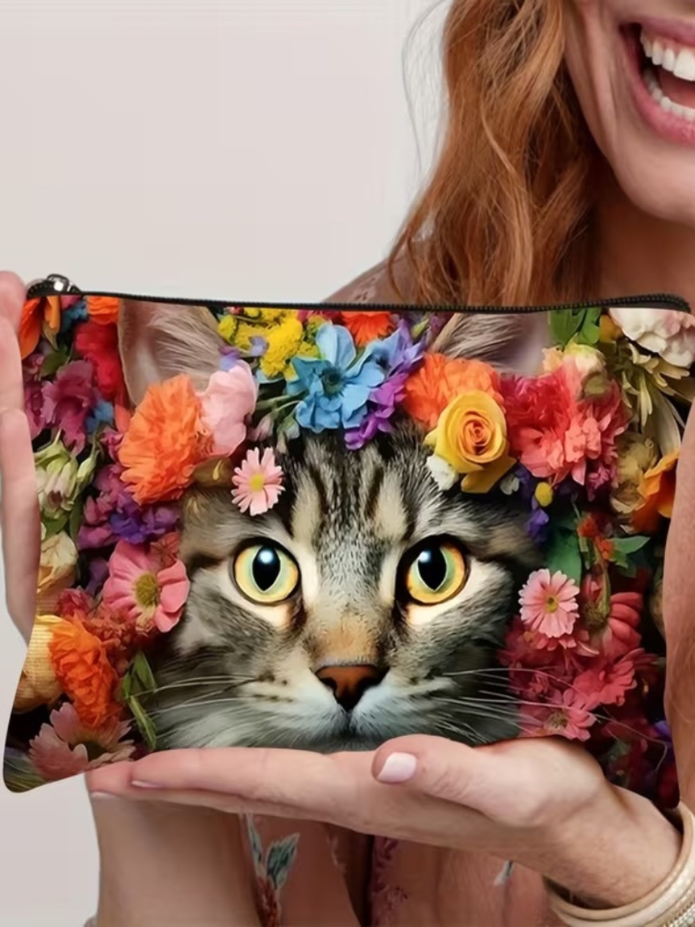 Floral Cat Zipper Pouch Cosmetic Bag Makeup Organizer Cute Kitten Flowers